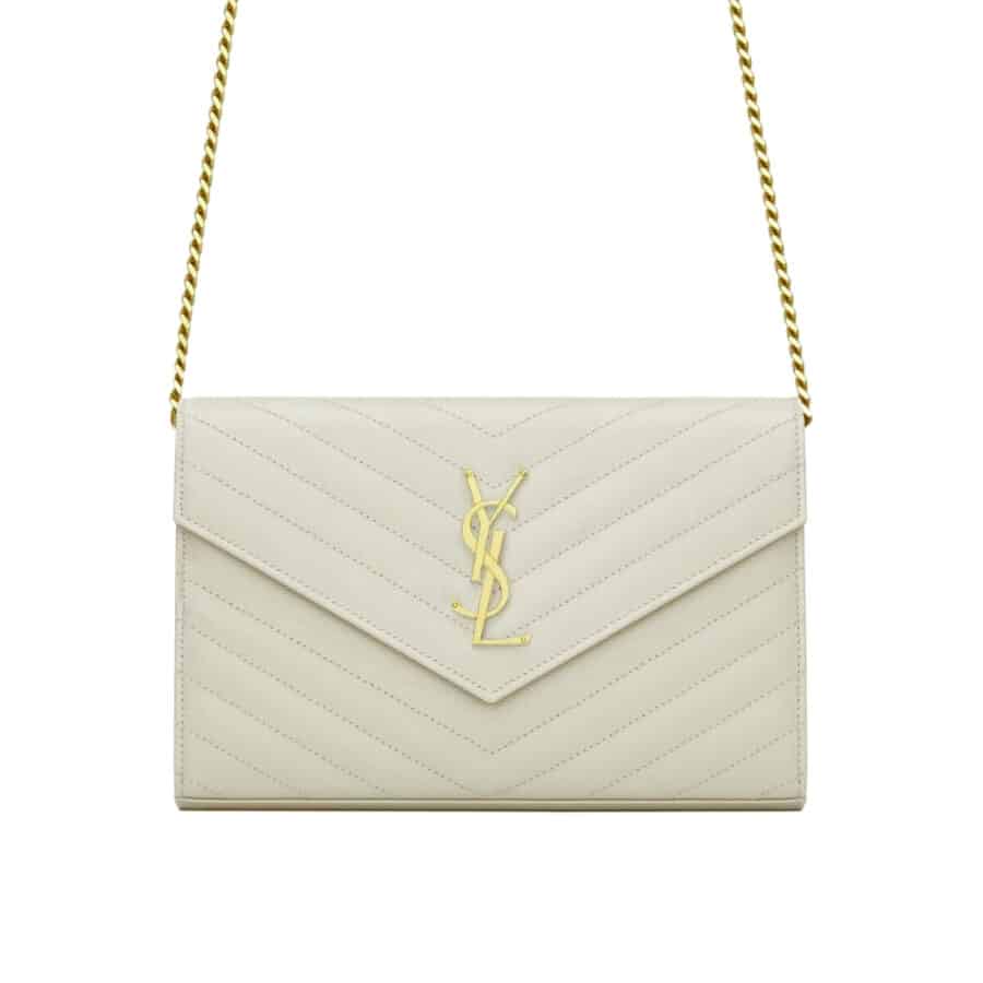 Saint Laurent Classic Cassandre Chain Wallet In Grain De Poudre Leather White 24Cm 377828BOW019207