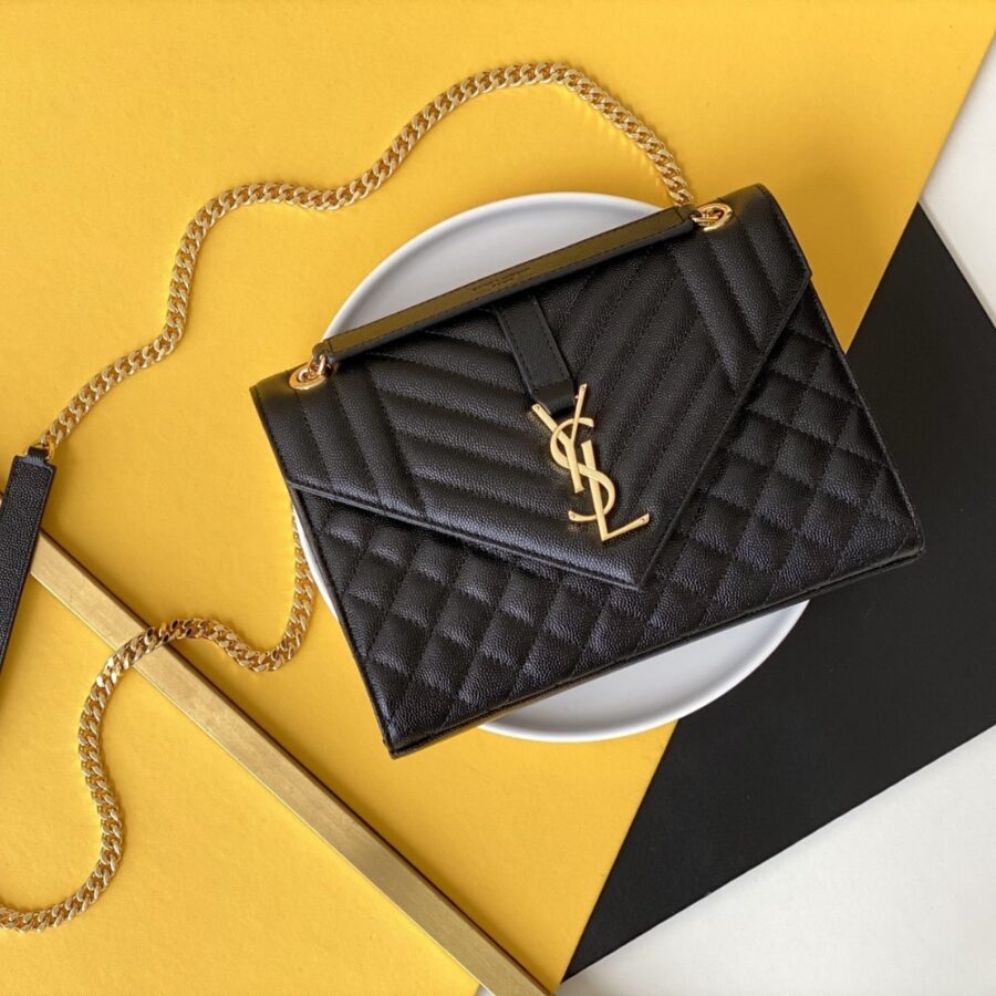 Alternative view of Saint Laurent Envelope Medium In Quilted Grain De Poudre Embossed Leather Black Gold 24Cm 600185Bow911000
