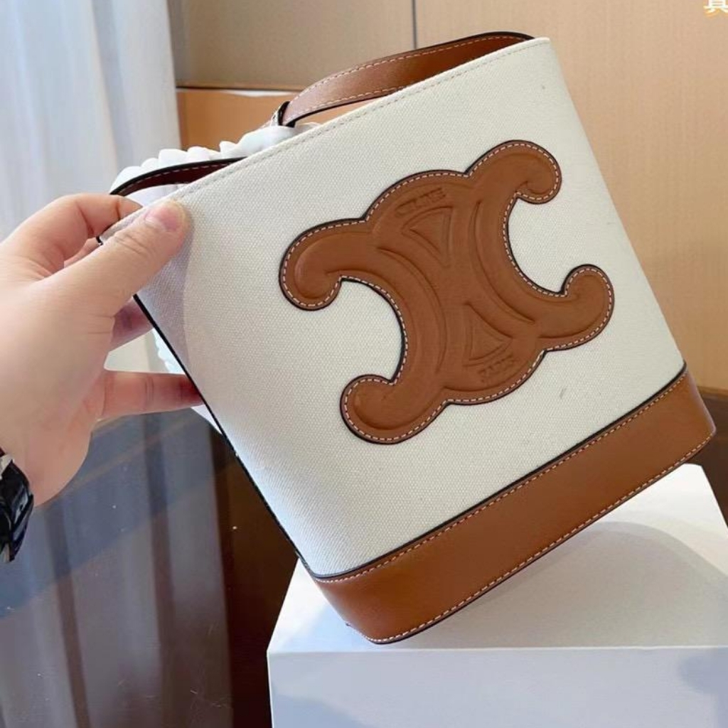 Celine Small Bucket Cuir Triomphe In Textile Natural Tan 22cm 198242EFL 02NT - Image 2