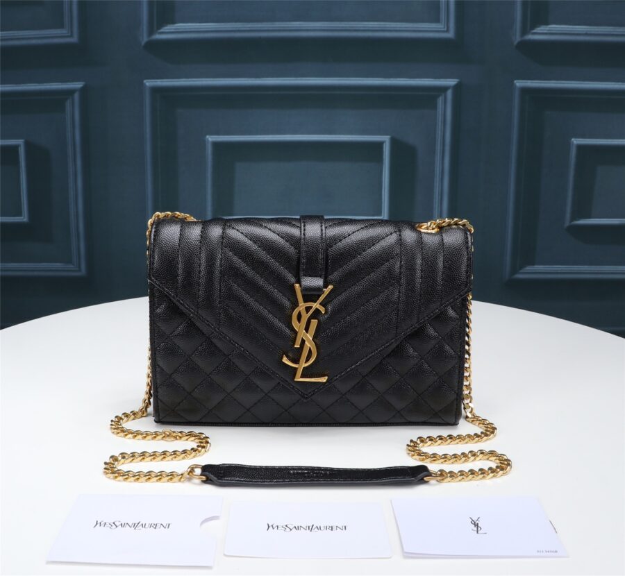 Alternative view of Saint Laurent Envelope Small In Quilted Grain De Poudre Embossed Leather Gold Black 21Cm 600195Bow911000