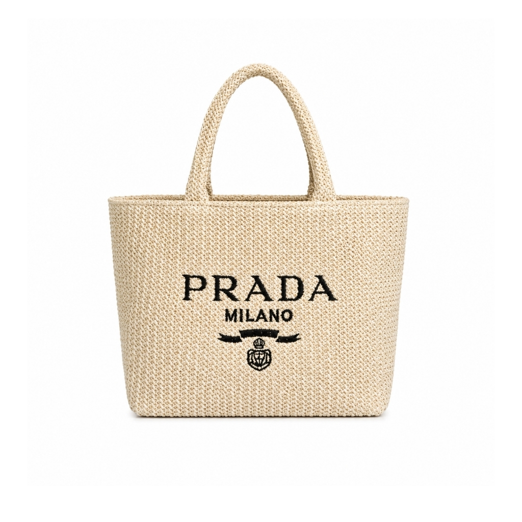 Prada Small Crochet Tote Bag Raffia In Natural Color 24Cm 1BG422 2C2T F0018 V OOL