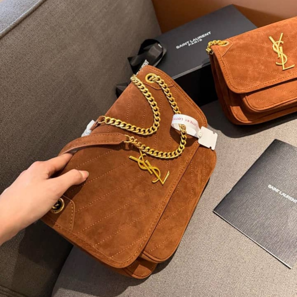 Saint Laurent Niki Baby Quilted Suede Chain Bag Brown 28cm - Image 4