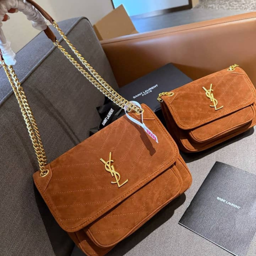 Saint Laurent Niki Baby Quilted Suede Chain Bag Brown 28cm - Image 3