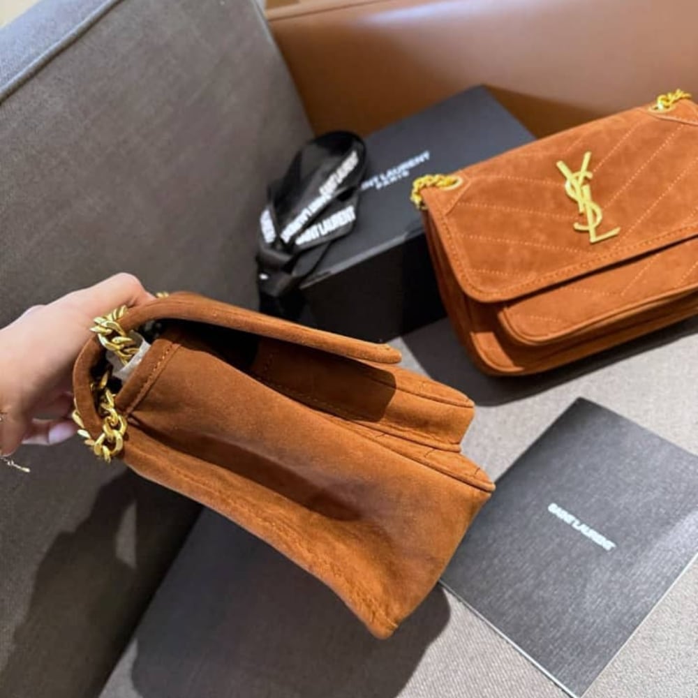 Saint Laurent Niki Baby Quilted Suede Chain Bag Brown 28cm - Image 7