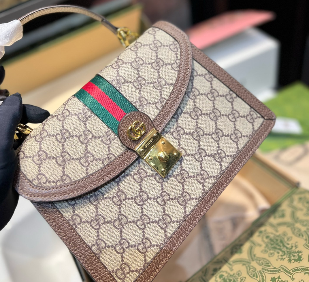 GUCCI OPHIDIA MEDIUM TOP HANDLE BAG GG SUPREME BEIGE AND EBONY 25CM 651055 96IWX 8745 - Image 4