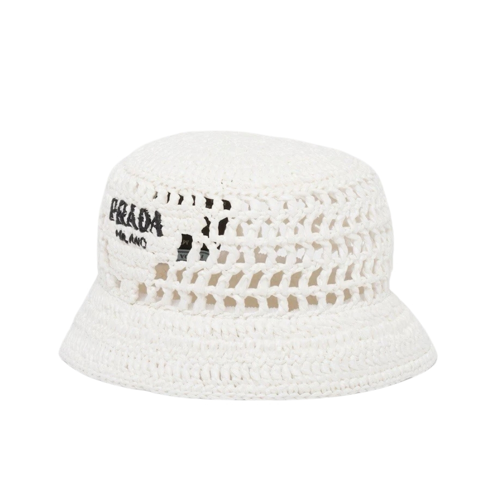 Prada Crochet Bucket Hat Raffia White 1HC137 2A2T F0009