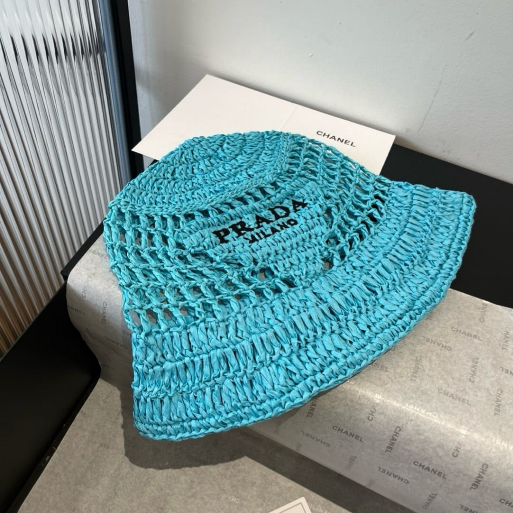 Prada Crochet Bucket Hat Raffia Blue 1HC137 2A2T F0076 - Image 2