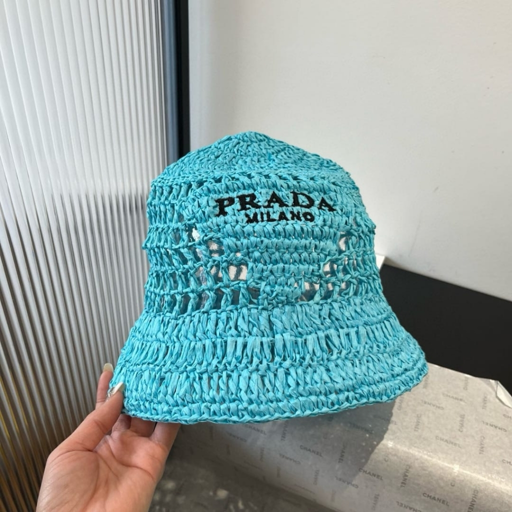 Prada Crochet Bucket Hat Raffia Blue 1HC137 2A2T F0076 - Image 3