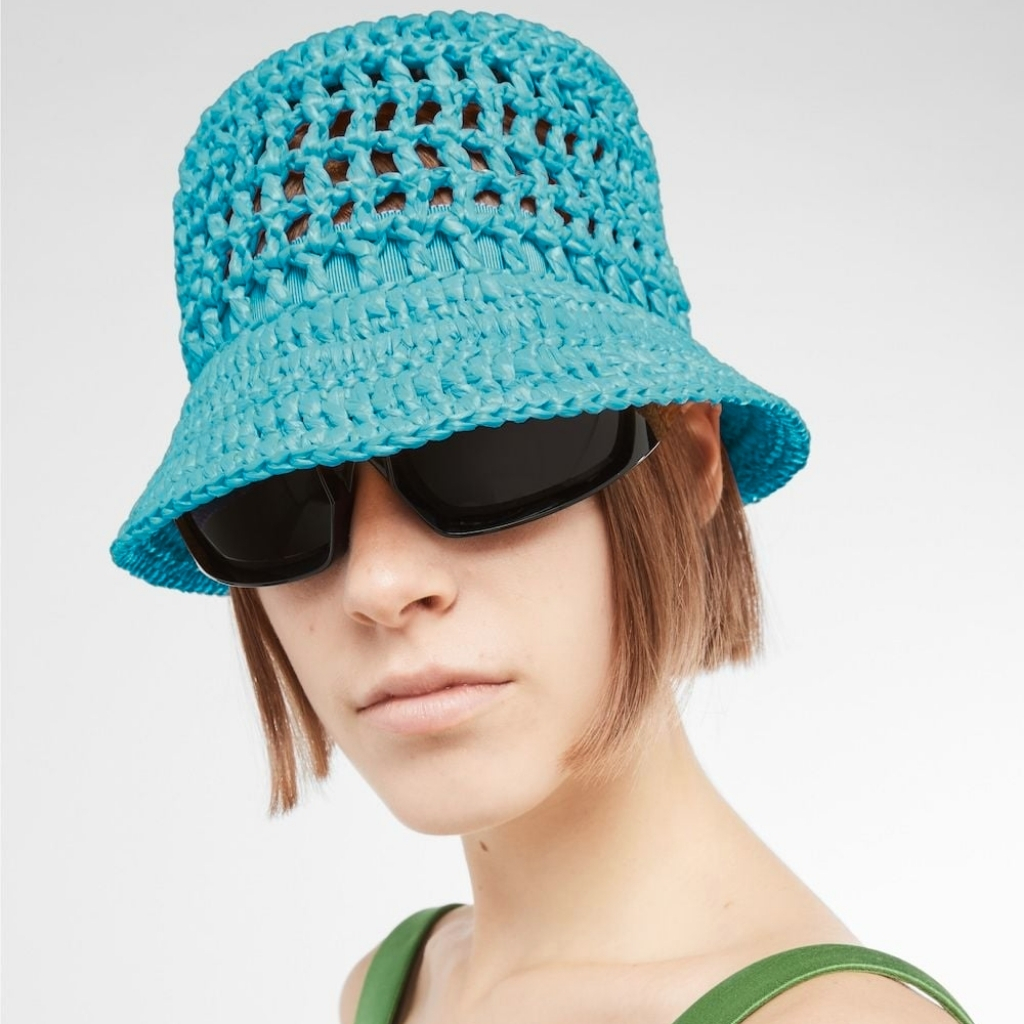 Prada Crochet Bucket Hat Raffia Blue 1HC137 2A2T F0076 - Image 6