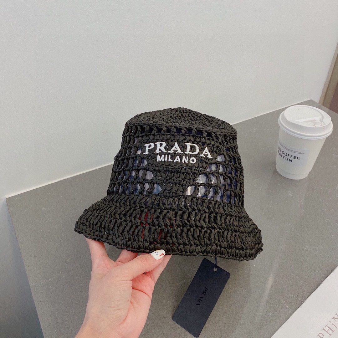 Prada Crochet Bucket Hat Raffia Black 2HC137 2A2T F0002 - Image 7