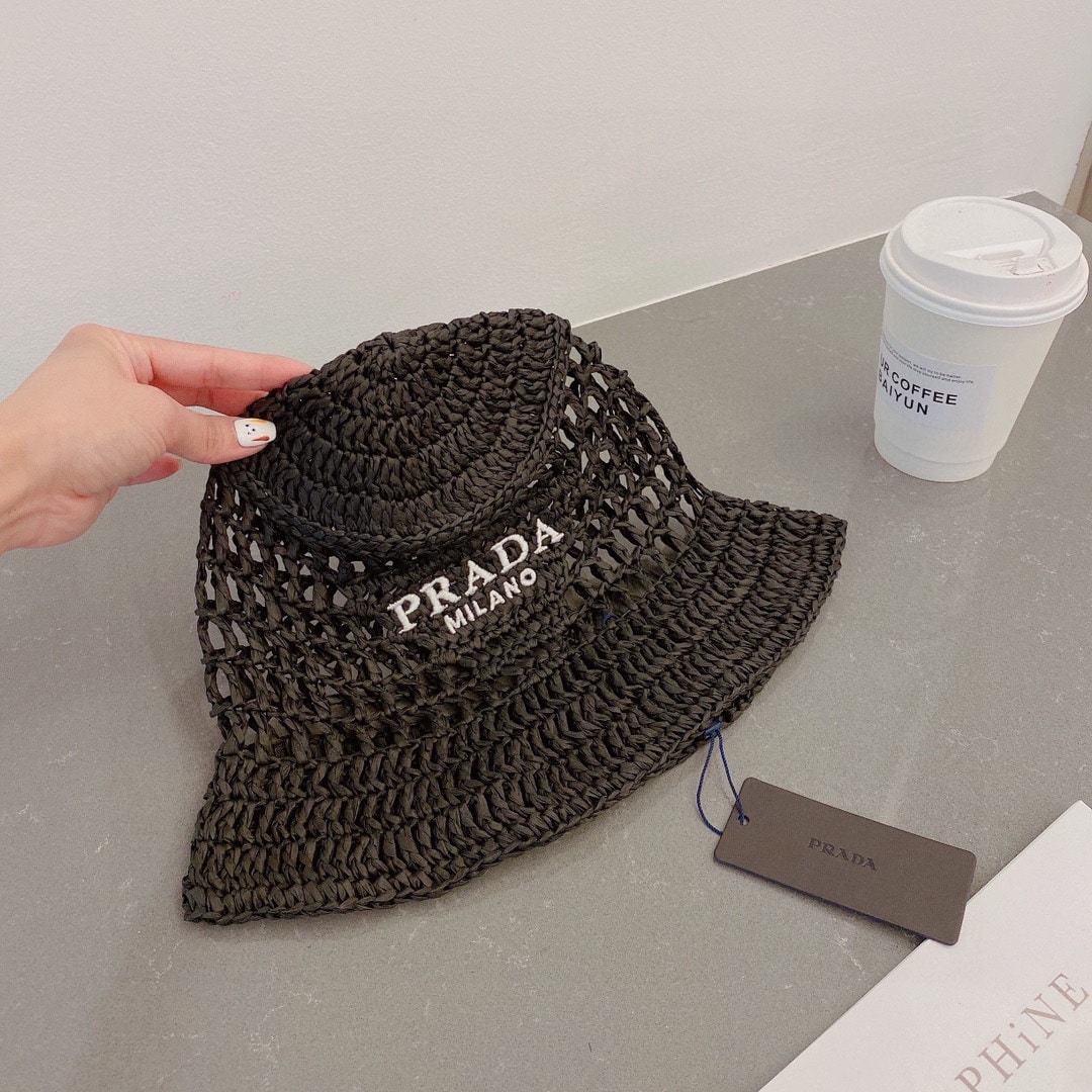 Prada Crochet Bucket Hat Raffia Black 2HC137 2A2T F0002 - Image 6