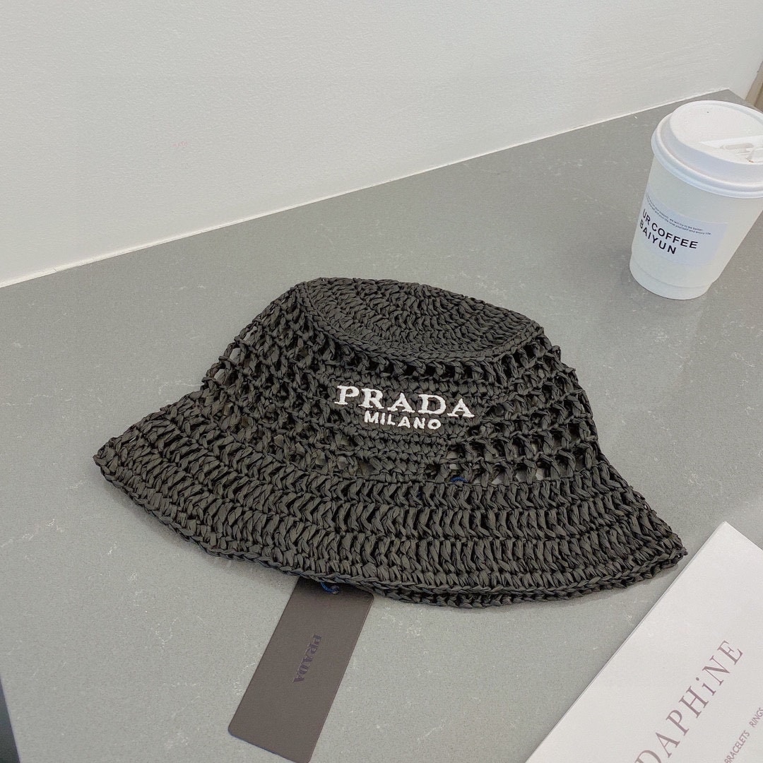 Prada Crochet Bucket Hat Raffia Black 2HC137 2A2T F0002 - Image 4