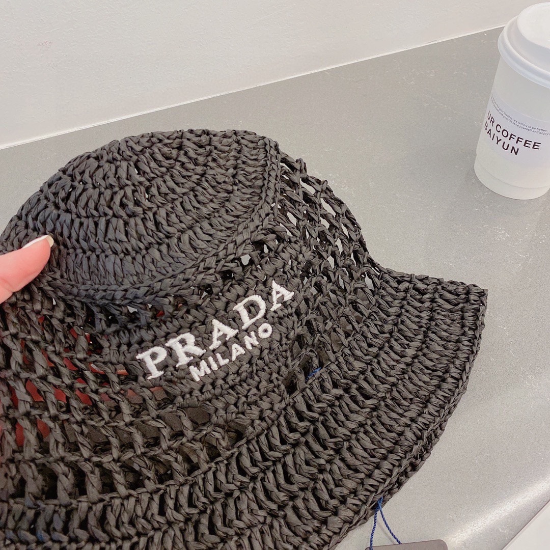 Prada Crochet Bucket Hat Raffia Black 2HC137 2A2T F0002 - Image 2