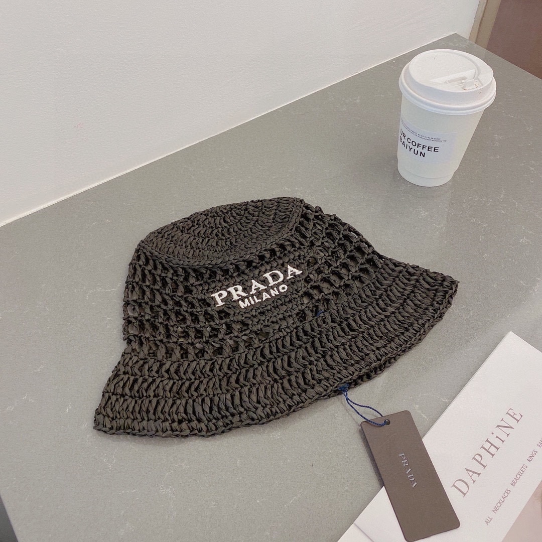 Prada Crochet Bucket Hat Raffia Black 2HC137 2A2T F0002 - Image 3