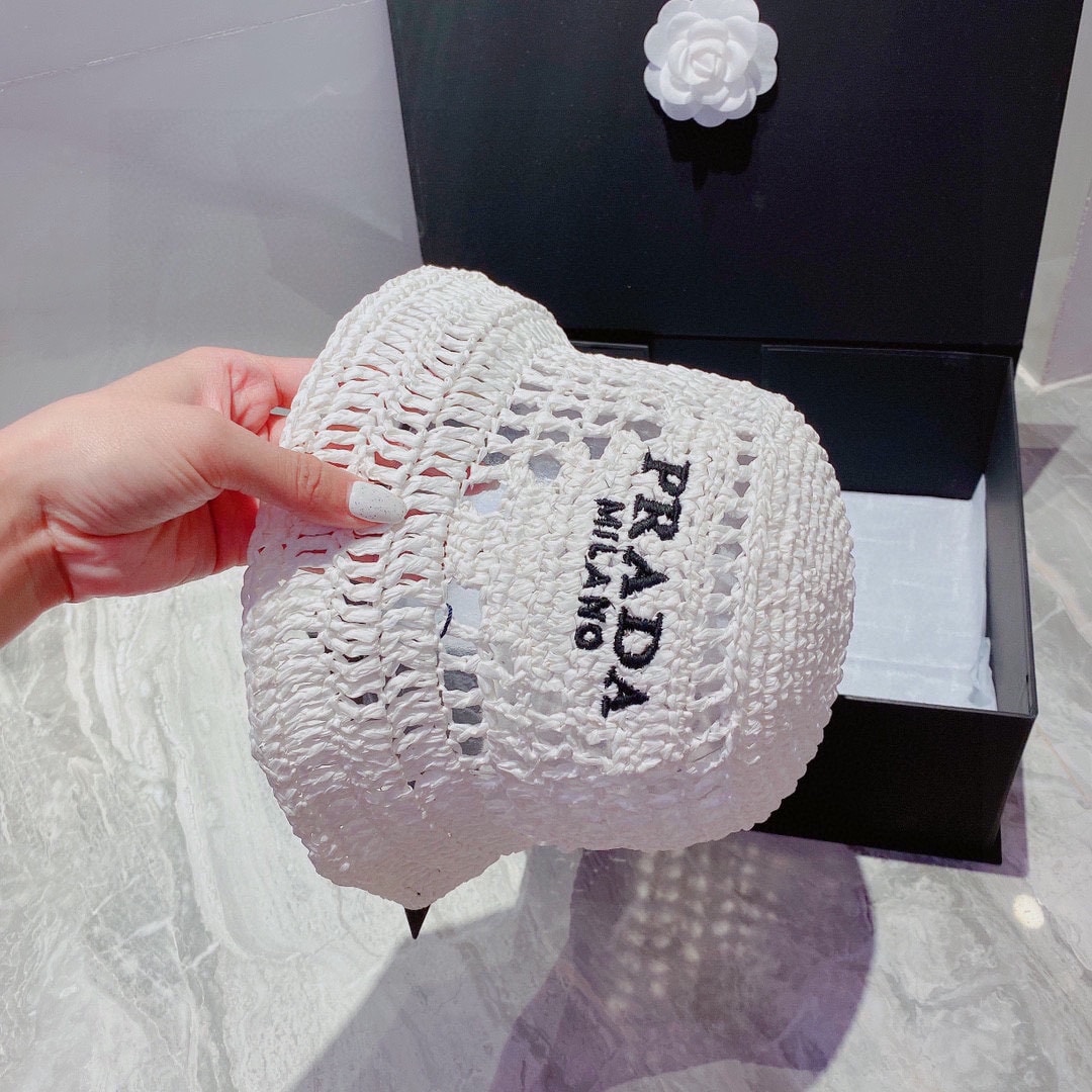 Prada Crochet Bucket Hat Raffia White 1HC137 2A2T F0009 - Image 6