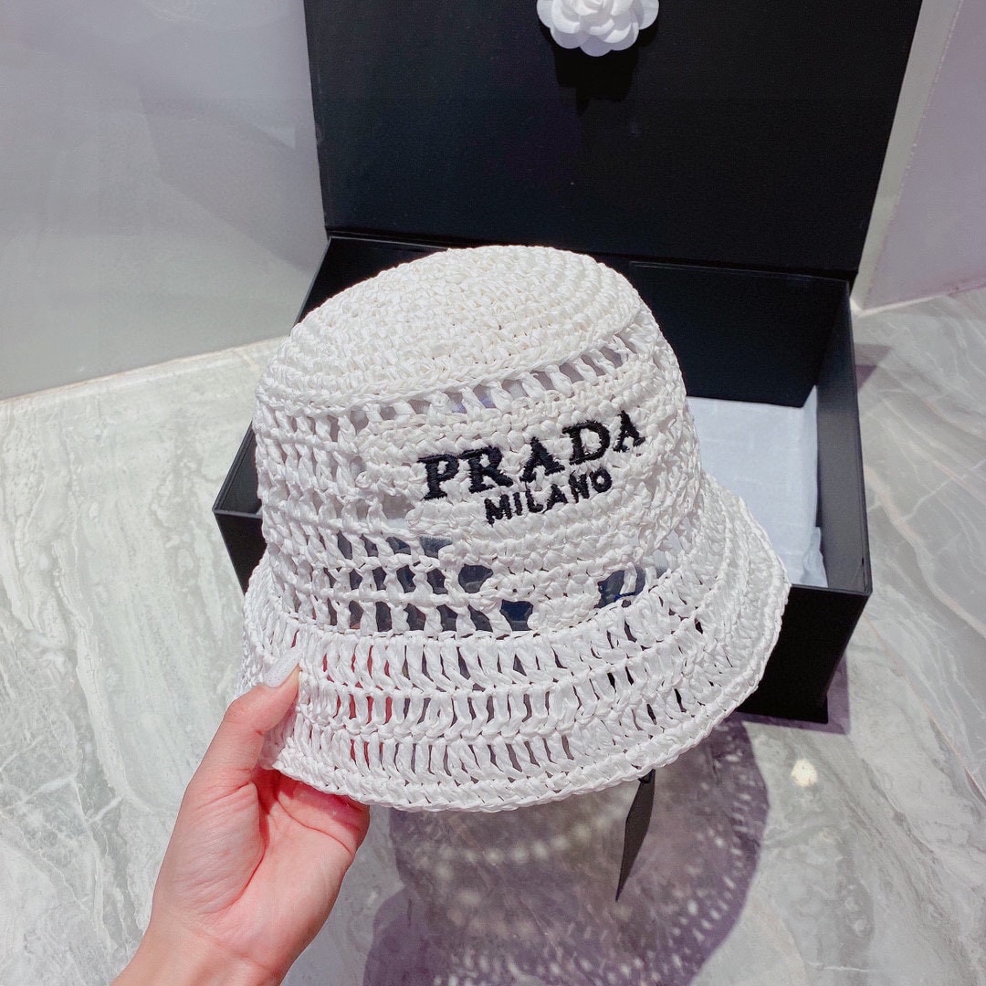 Prada Crochet Bucket Hat Raffia White 1HC137 2A2T F0009 - Image 4