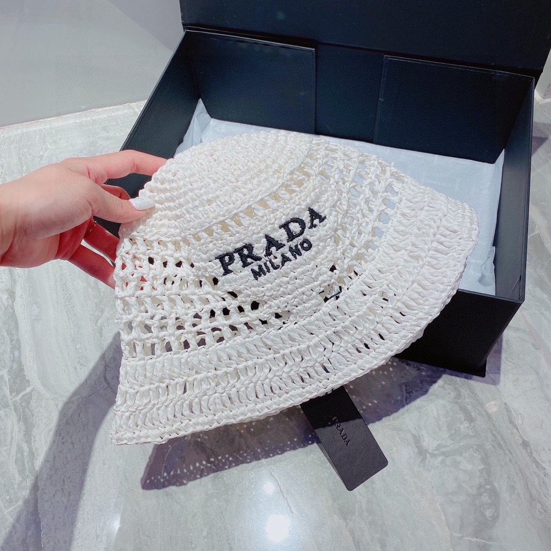 Prada Crochet Bucket Hat Raffia White 1HC137 2A2T F0009 - Image 2