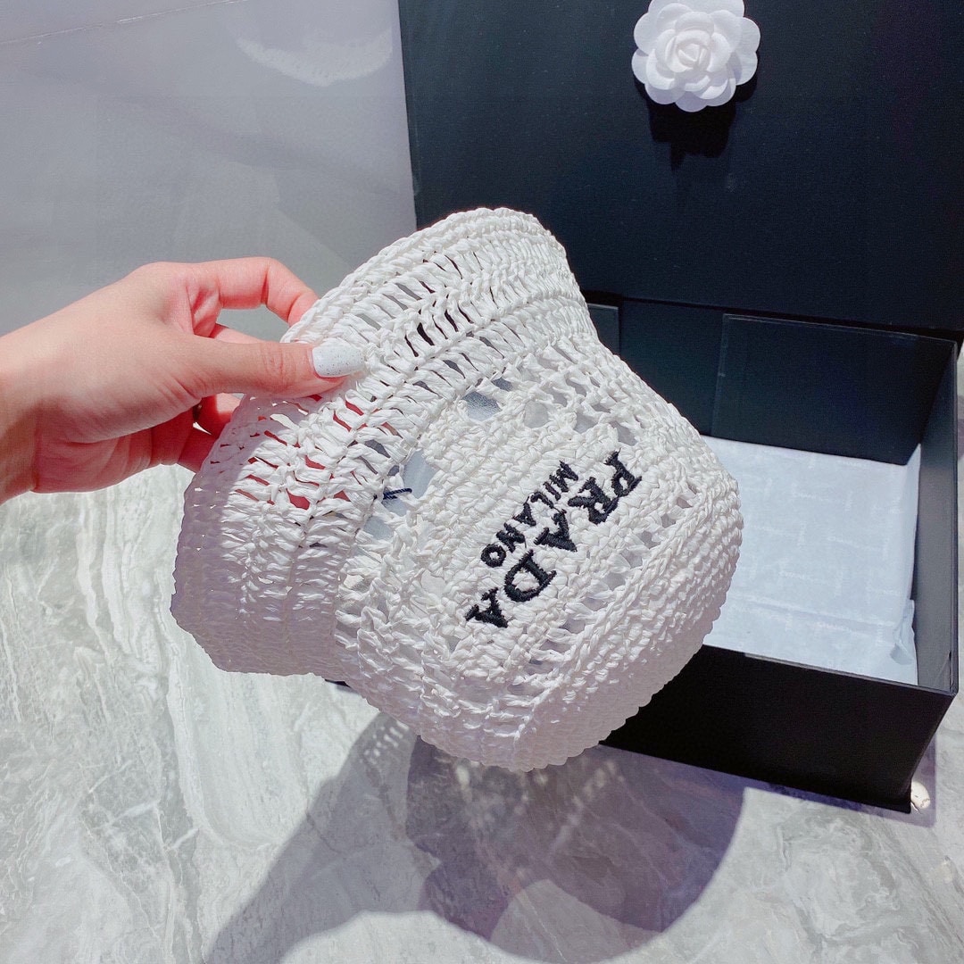 Prada Crochet Bucket Hat Raffia White 1HC137 2A2T F0009 - Image 5
