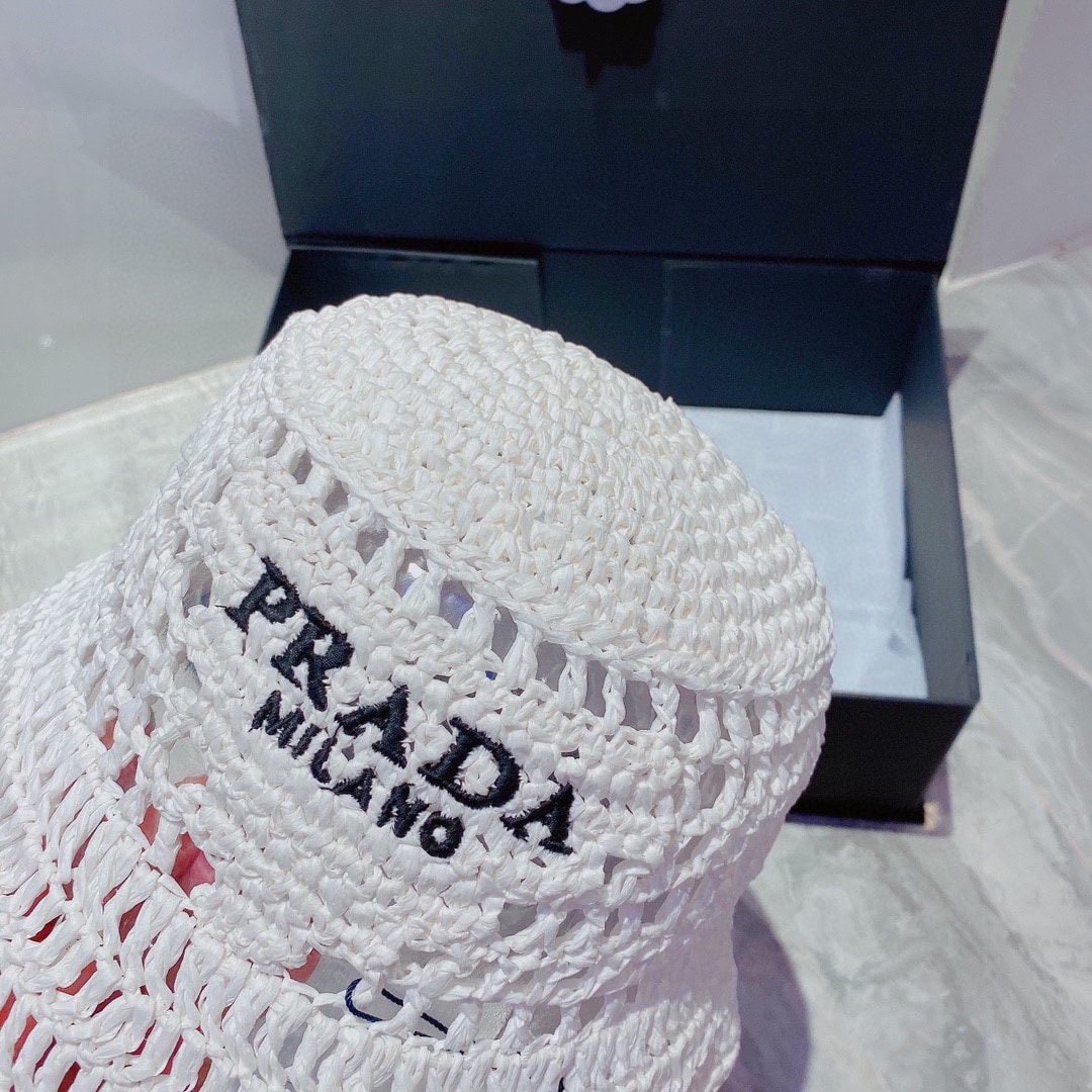 Prada Crochet Bucket Hat Raffia White 1HC137 2A2T F0009 - Image 3