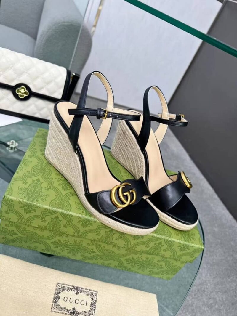Alternative view of Gucci Leather Wedge Espadrille Sandals Black 8Cm
