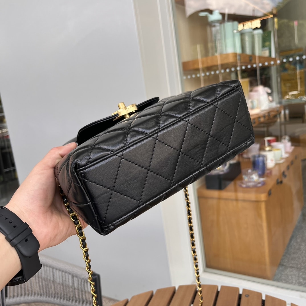 Chanel Kelly Mini Shopping Bag Shiny Aged Gold Tone Metal Black 19Cm AS4416 B14296 94305 - Image 6
