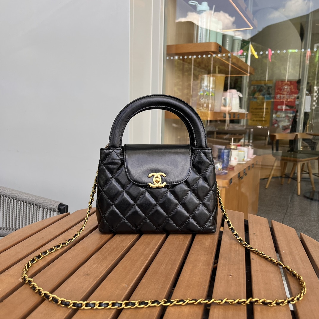 Chanel Kelly Mini Shopping Bag Shiny Aged Gold Tone Metal Black 19Cm AS4416 B14296 94305 - Image 2