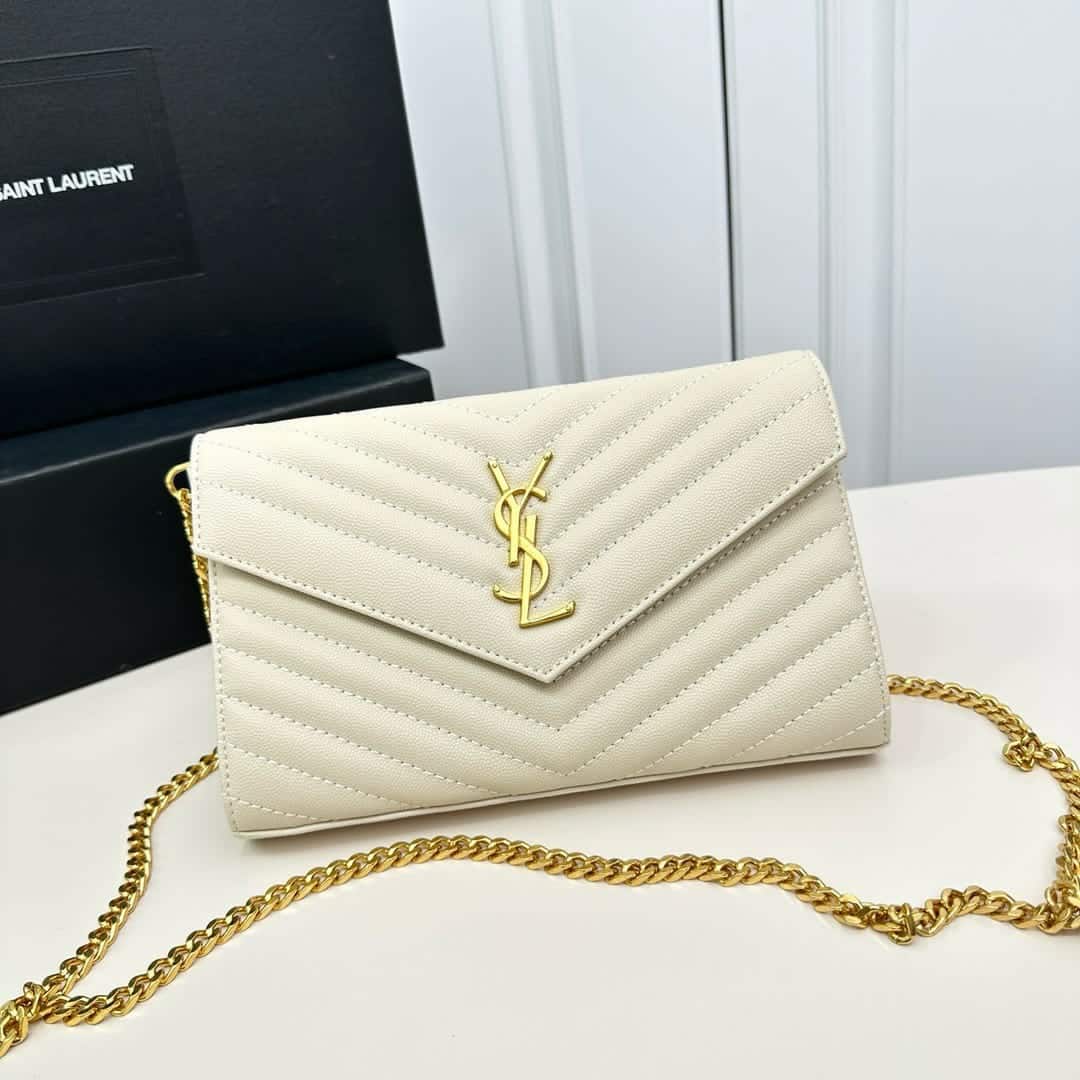 Saint Laurent Classic Cassandre Chain Wallet In Grain De Poudre Leather White 24Cm 377828BOW019207 - Image 2