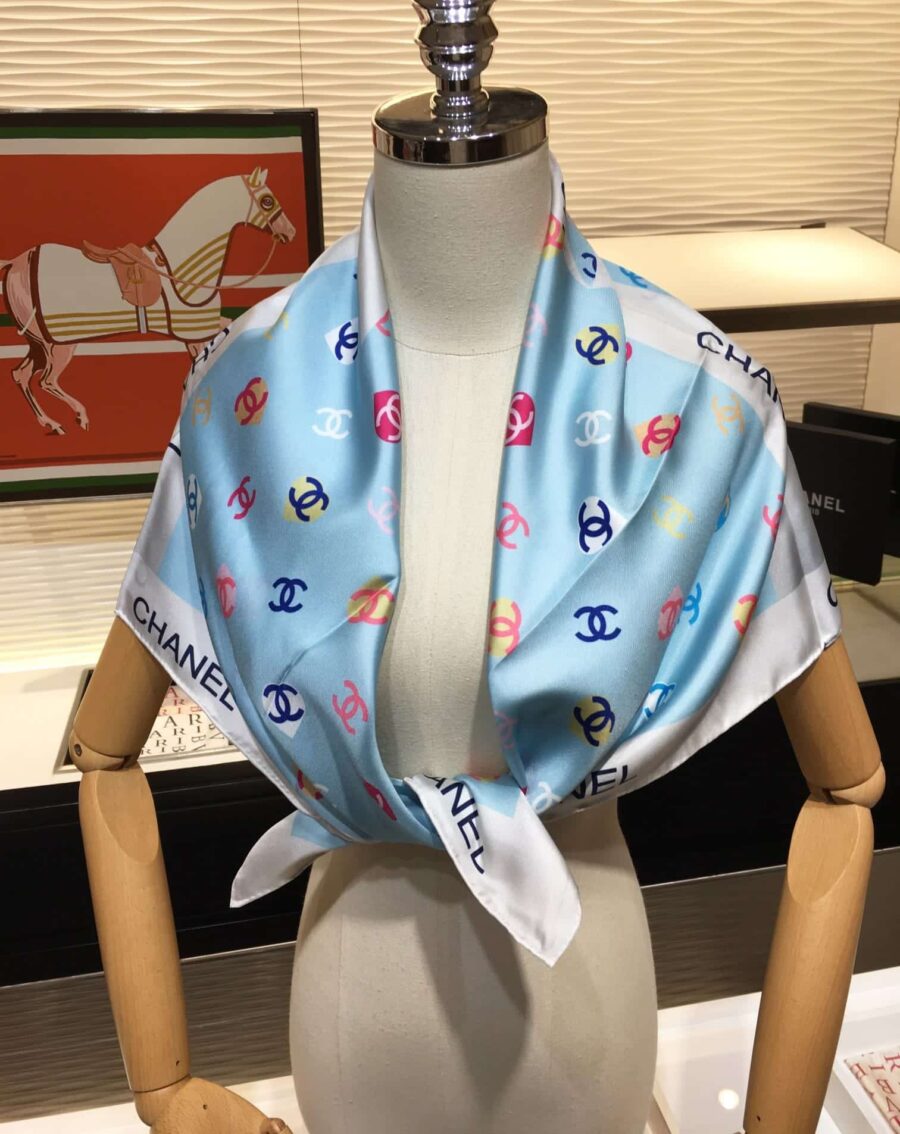 Alternative view of Chanel Cc Hearts Letter Monogram Logo Bow Print Scarf Blue
