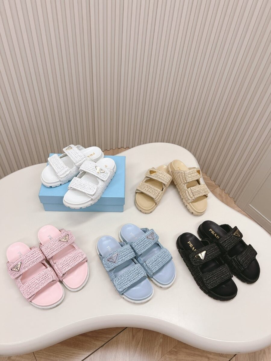 Alternative view of Prada Raffia Double Band Slide Sandals Beige 1Xx699 F020 2C2T F0018