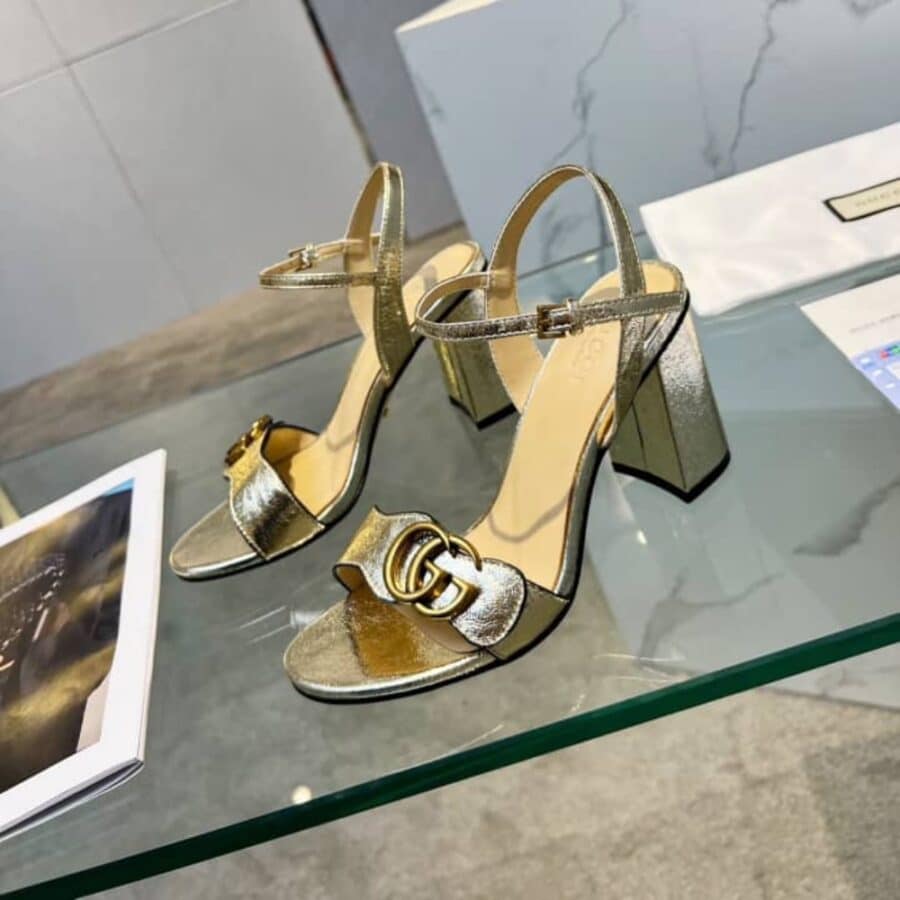 Alternative view of Gucci Metallic Laminate Mid Heel Sandal Gold 453379 Dkt00 7100
