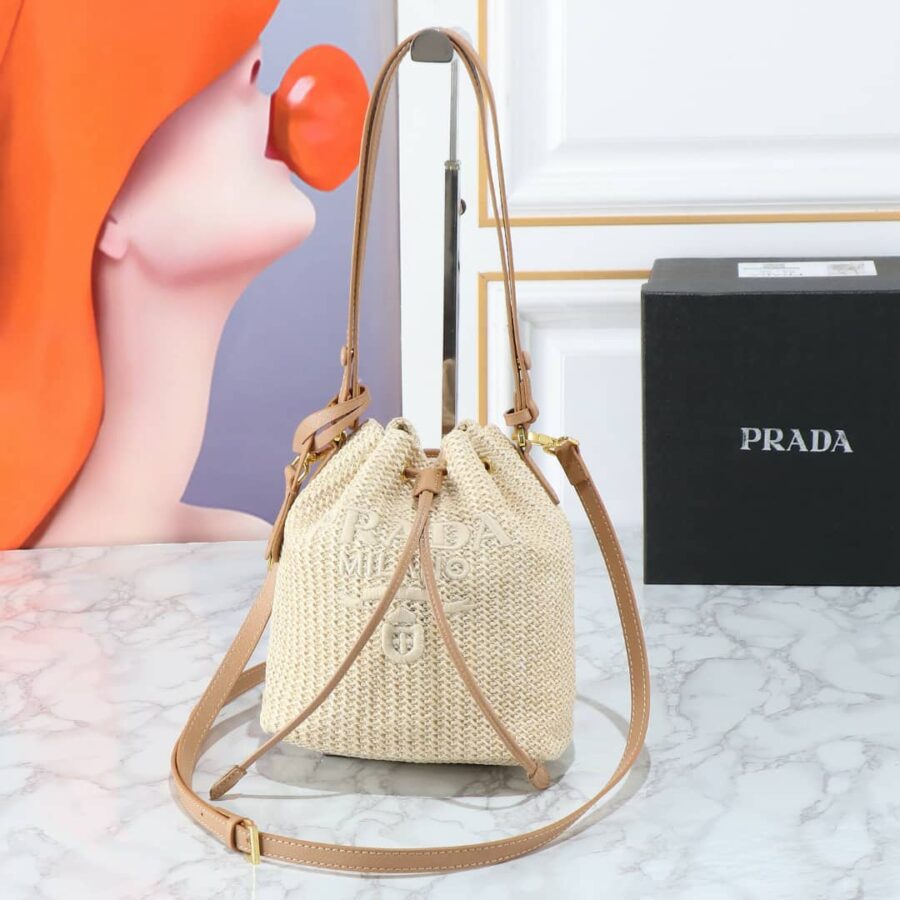 Alternative view of Prada Crochet And Leather Bucket Bag Natural 24Cm 1Be068 2M2T F0018 V Ouo