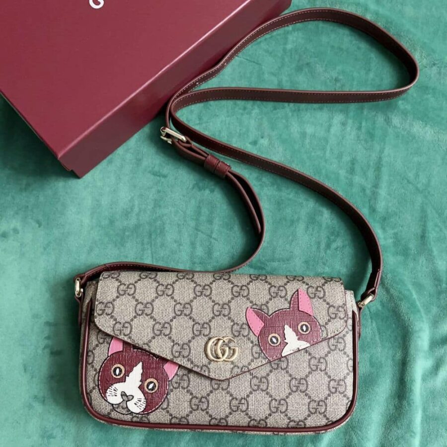 Alternative view of Gucci Gg Mini Shoulder Bag With Cat Detail Beige And Dark Brown 22Cm