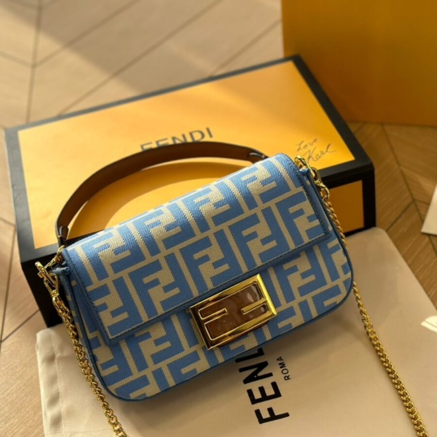Alternative view of Fendi Baguette Mini Ff Jacquard Fabric Bag Blue 21cm