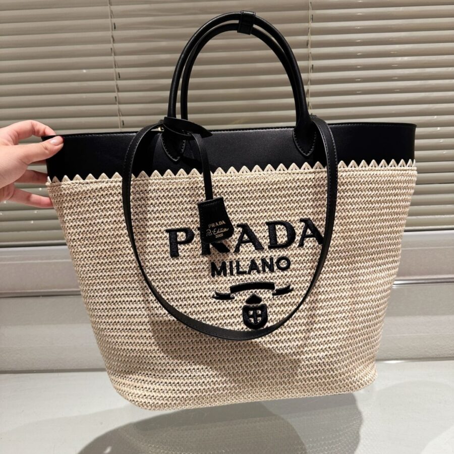 Alternative view of Prada Crochet And Leather Tote Bag Tan And Black 33Cm 1Bg499 2M2Q F0I55 V Goo