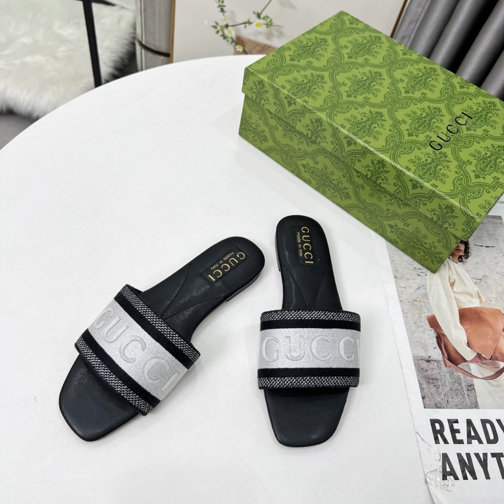 Gucci Women Slide Sandal With Web Black And White 817564 FAECG 8843 - Image 5