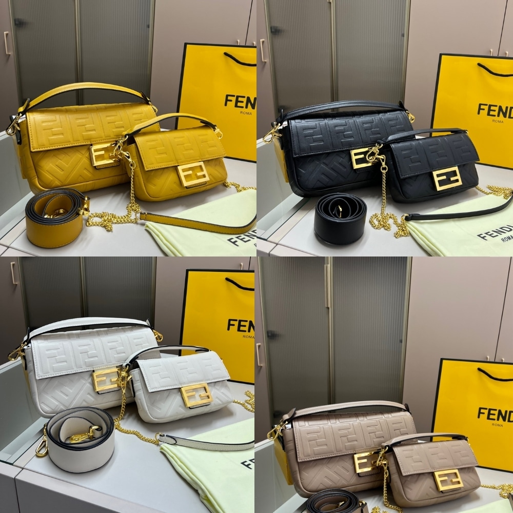Fendi Baguette Chain Midi Leather Bag Beige With FF Motif 24Cm - Image 3