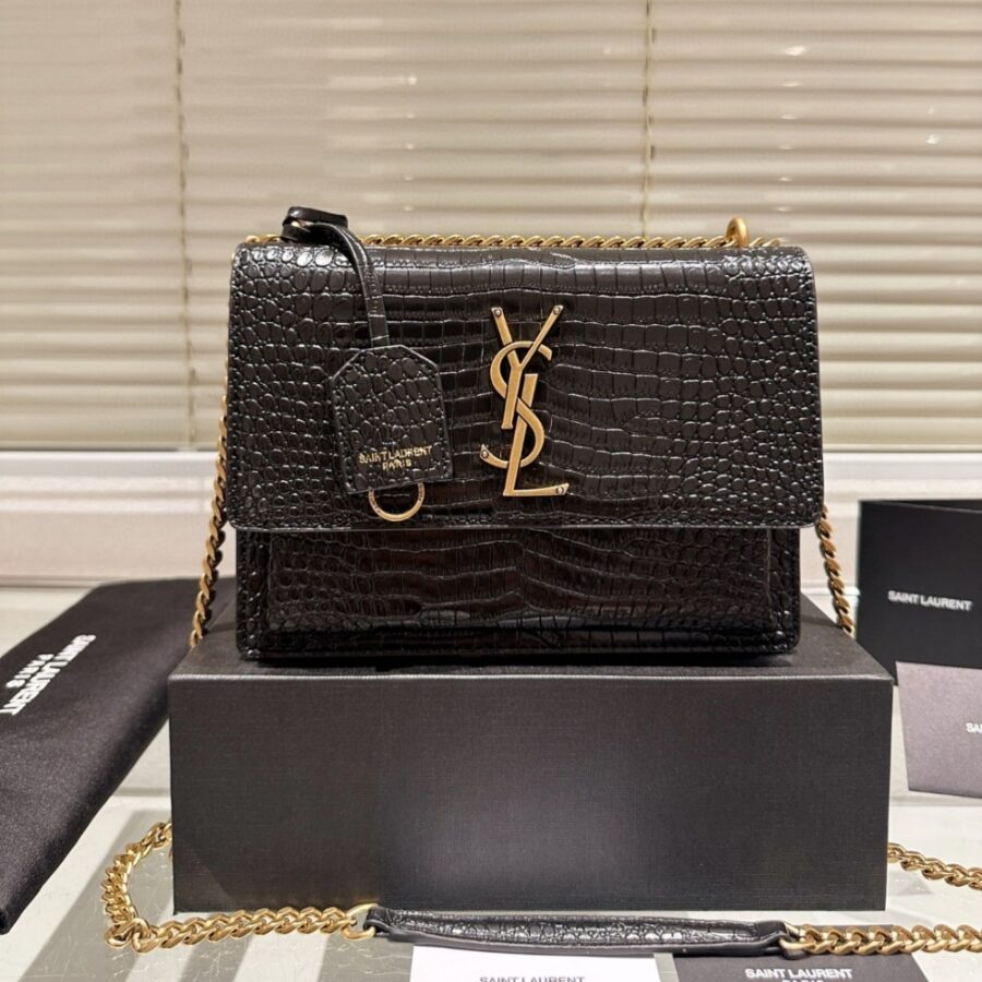 Alternative view of Saint Laurent Sunset Medium In Crocodile Embossed Leather Black 22cm 442906dnd0j1000