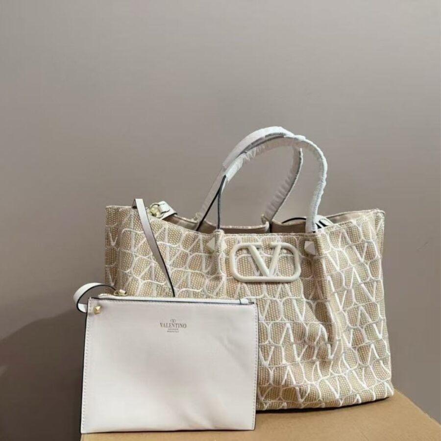 Alternative view of Valentino Garavani Vlogo Embroidered Raffia Tote Beige 35cm