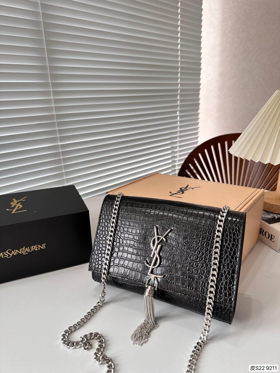 Alternative view of Saint Laurent Kate Tassel Medium Crocodile Embossed Leather Black 22cm 354119dnd0n1000
