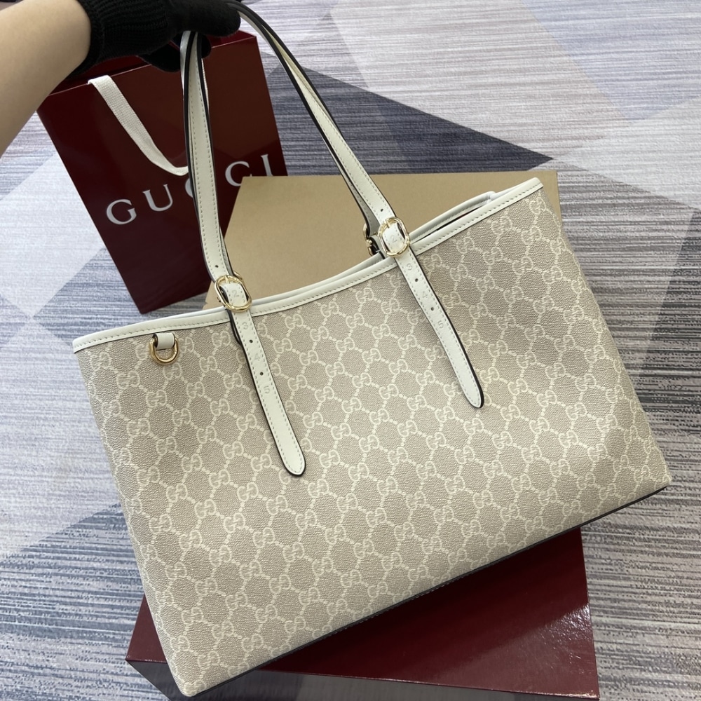 Gucci Gg Emblem Large Tote Bag Beige And White Coated Fabric 38cm 815213 Fad6l 9641 - Image 6