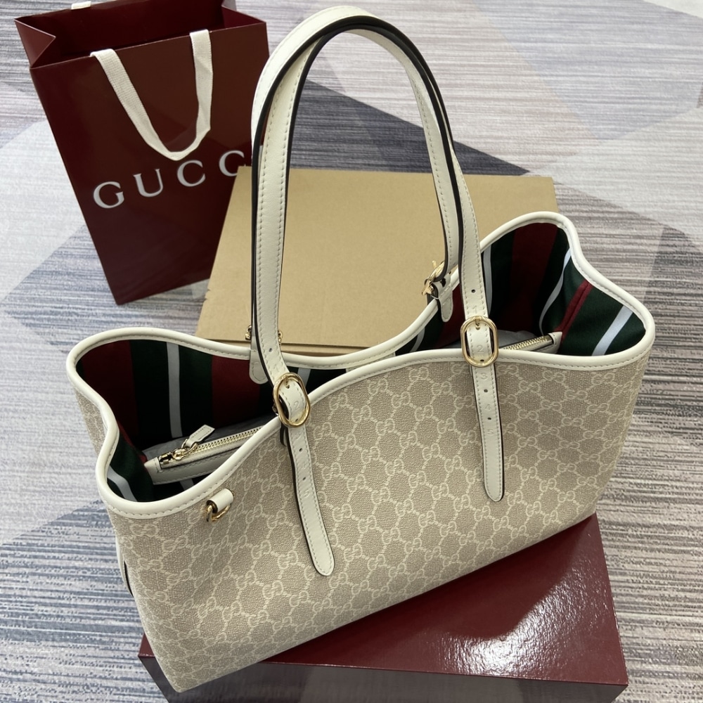 Gucci Gg Emblem Large Tote Bag Beige And White Coated Fabric 38cm 815213 Fad6l 9641 - Image 5
