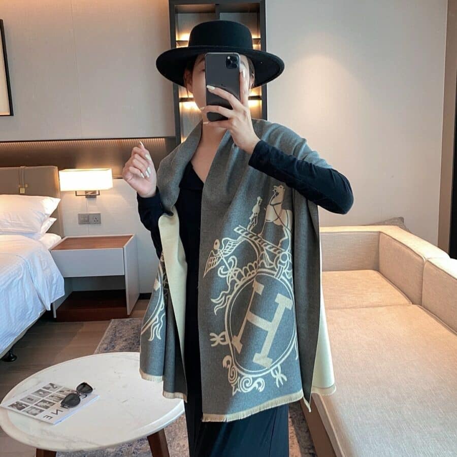 Alternative view of Hermes Cashmere Wool Scarf Wrap Shawl In Grey 180cm
