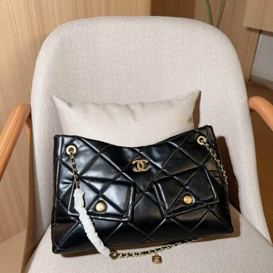 Alternative view of Chanel Shopping Bag Gold Tone Metal Black 38Cm As5740 B22139 94305