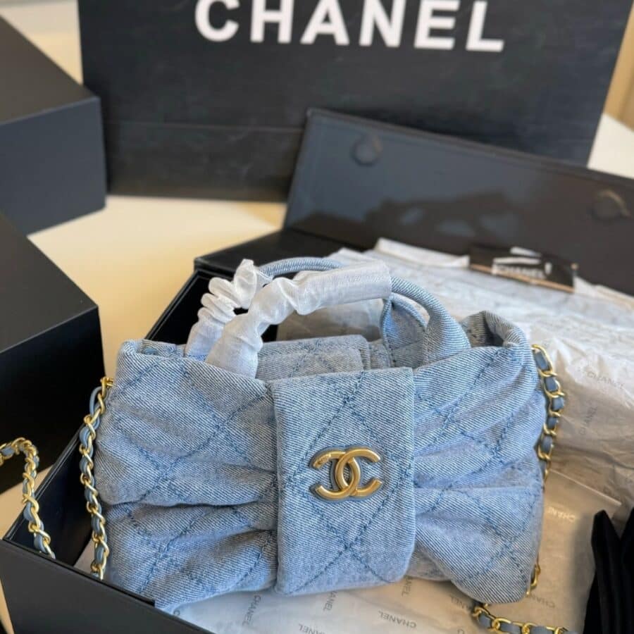 Alternative view of Chanel Mini Bow Bag Washed Denim And Gold Tone Metal Blue 21Cm