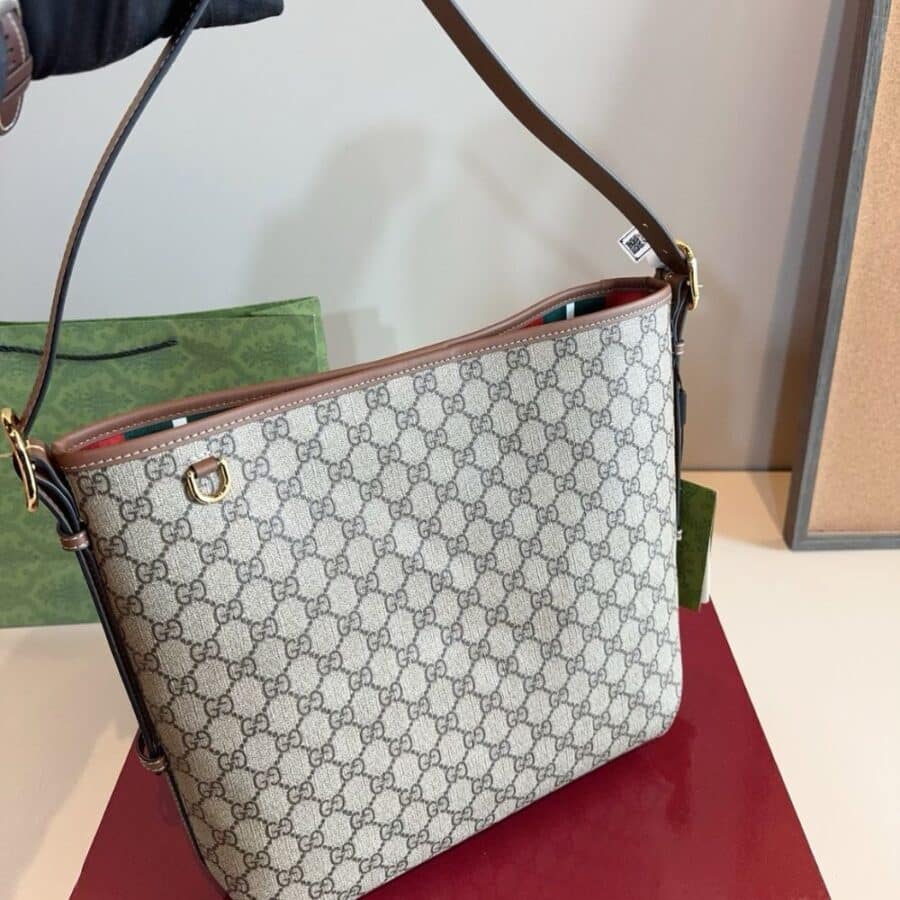 Alternative view of Gucci GG Emblem Medium Bucket Bag Beige And Dark Brown Fabric 31Cm 815103 FAD6L 9758