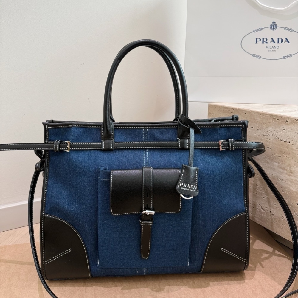 Prada Bonnie Large Denim Handbag Blue Black 38cm - Image 2