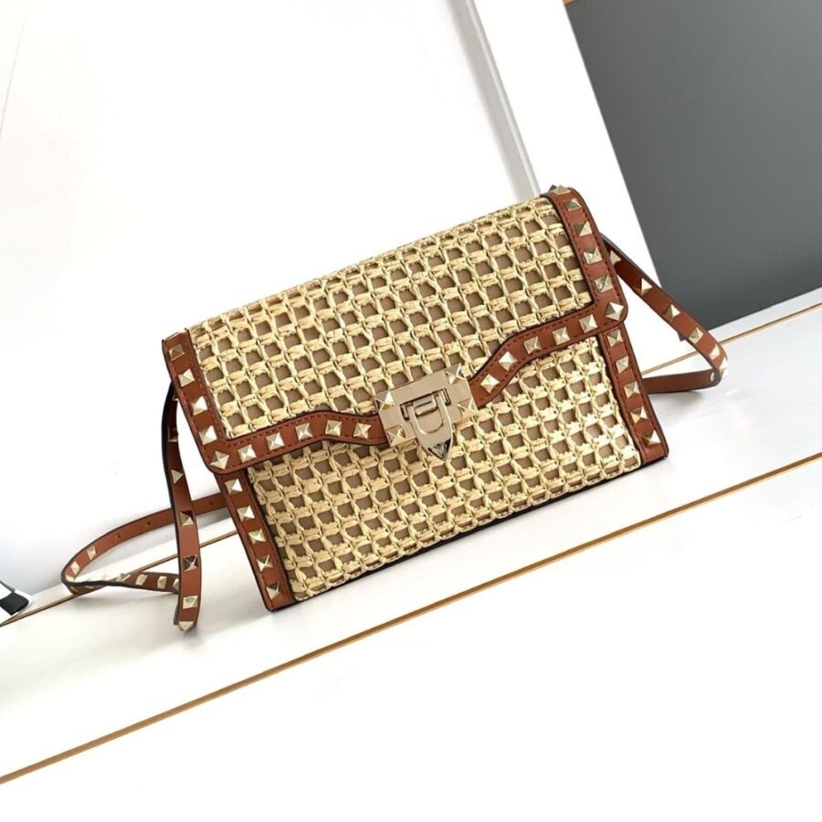 Alternative view of Valentino Garavani Rockstud Small Raffia Shoulder Bag Natural 22Cm