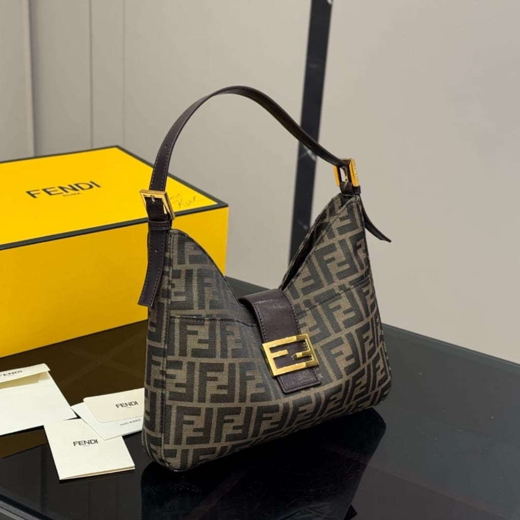 Fendi Zucca Baguette Canvas Leather Shoulder Bag Dark Brown 30cm - Image 2