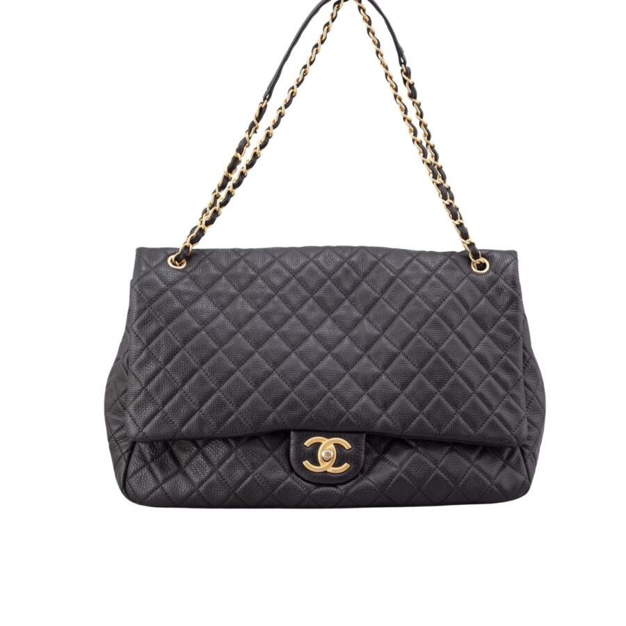 Chanel Xxl Airline Classic Travel Flap Bag Caviar Leather Black Gold Hardware 46Cm