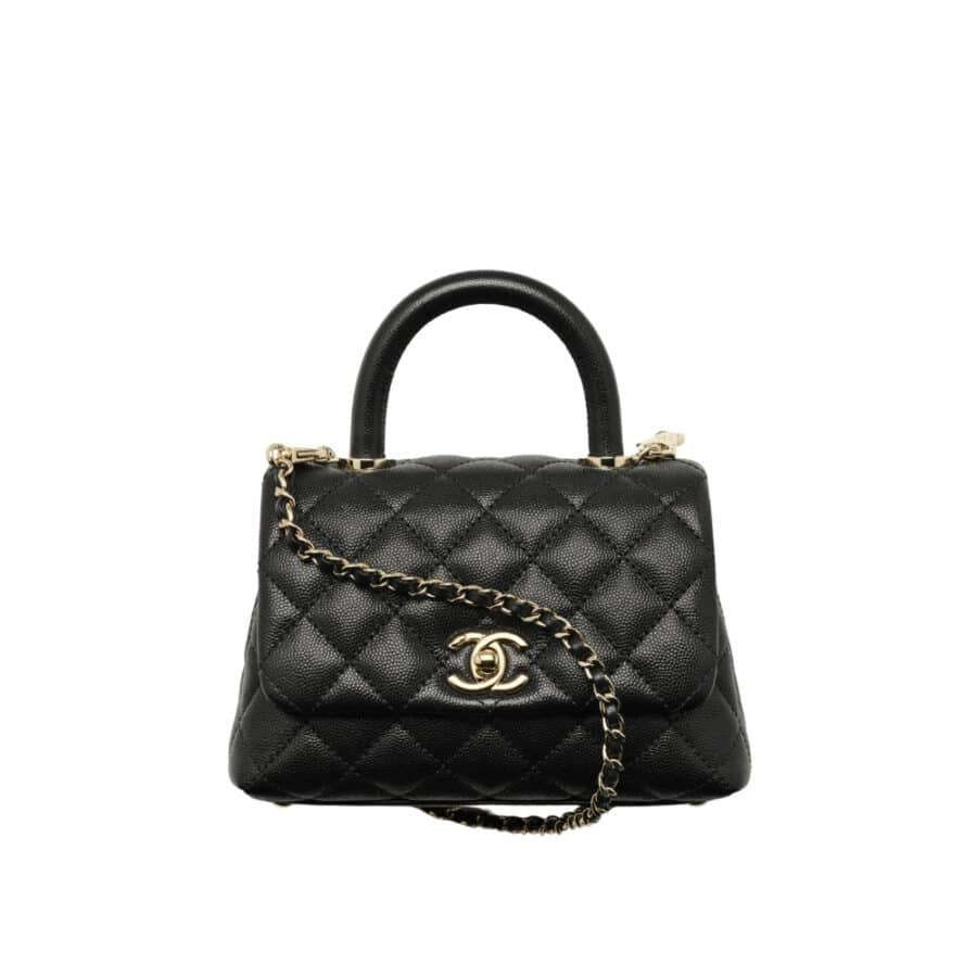Chanel Mini Flap Bag With Top Handle Shiny And Gold Tone Metal Black 15Cm AS2215 B05061 94305